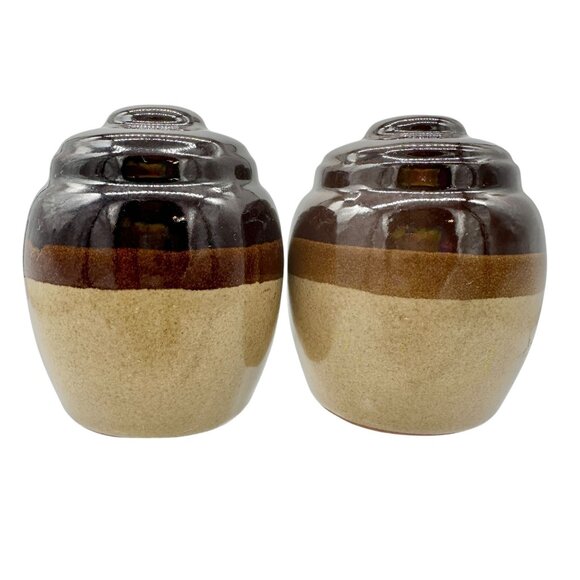 Vintage Clay Jug Salt and Pepper Shakers Brown and Tan Glossy Finish - Picture 7 of 7